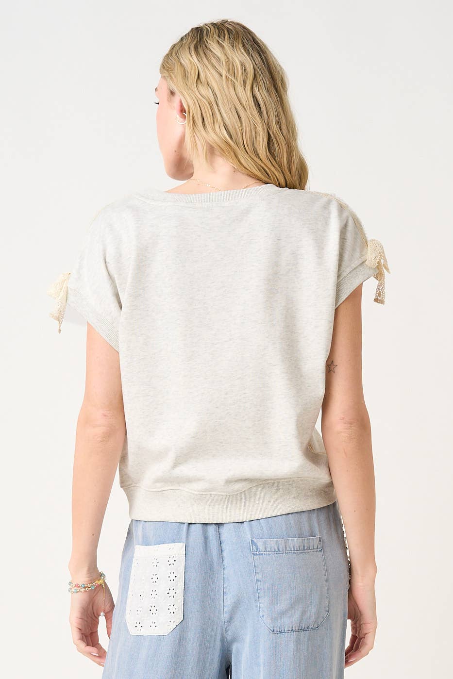 Lace Striped Bow Sleeveless Sweatshirt Top