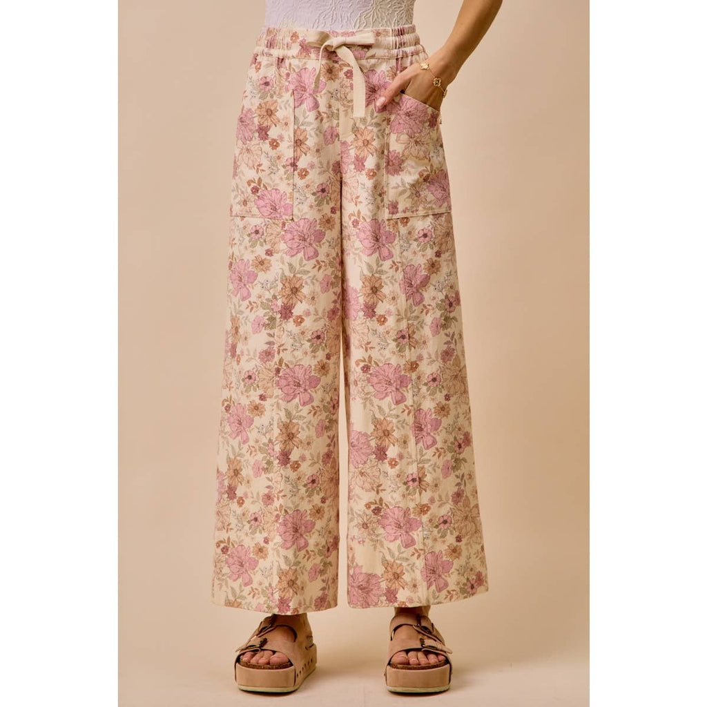 Floral Twill Wide Leg Pants
