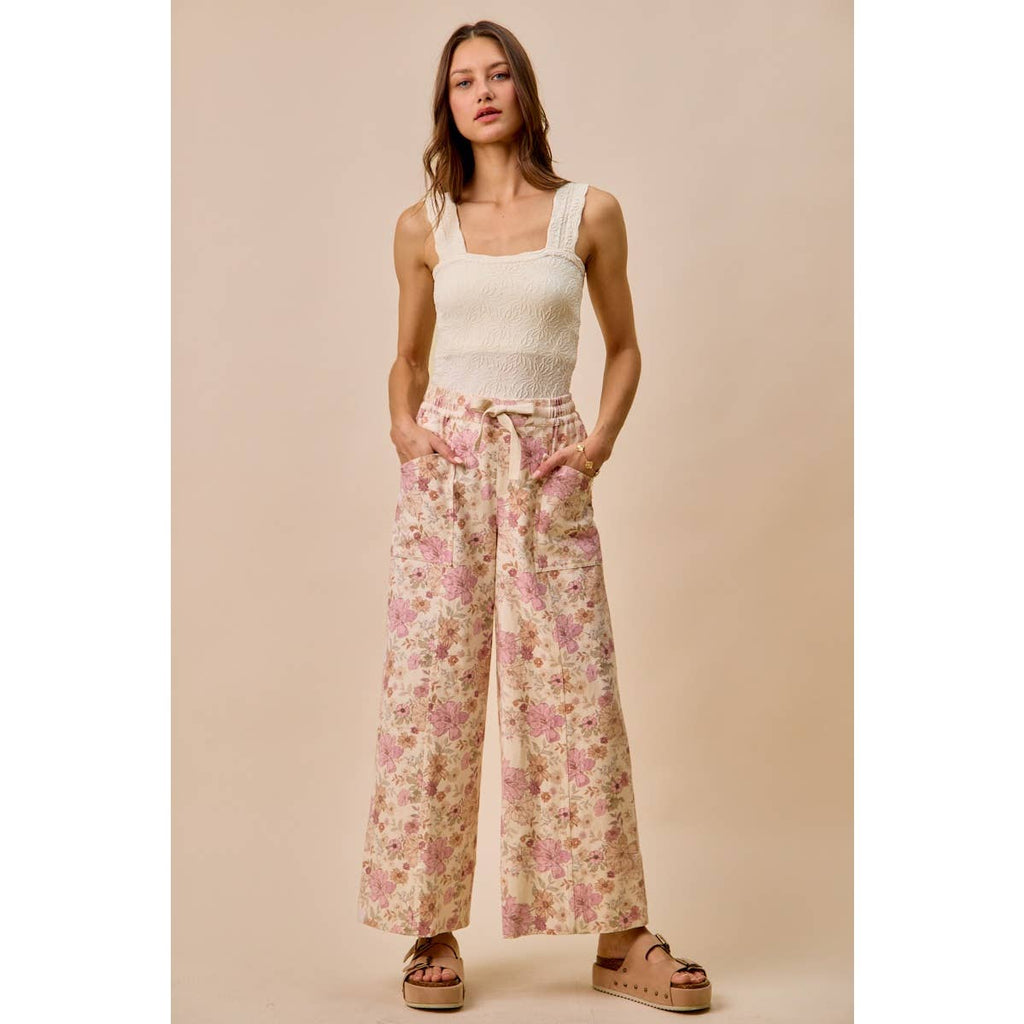 Floral Twill Wide Leg Pants