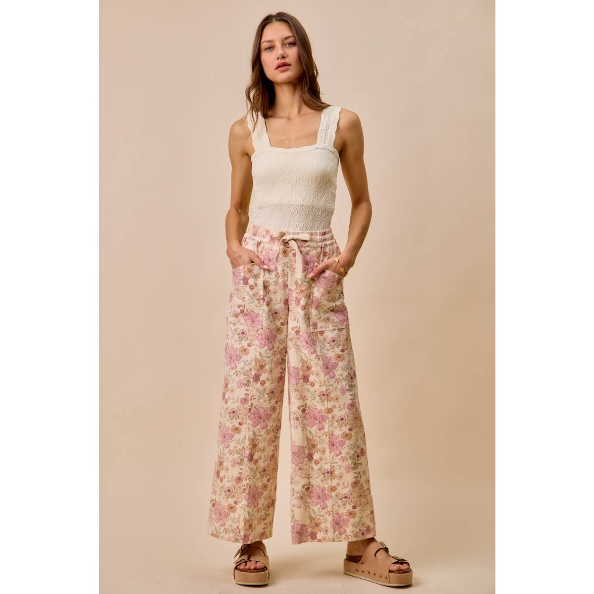 Floral Twill Wide Leg Pants