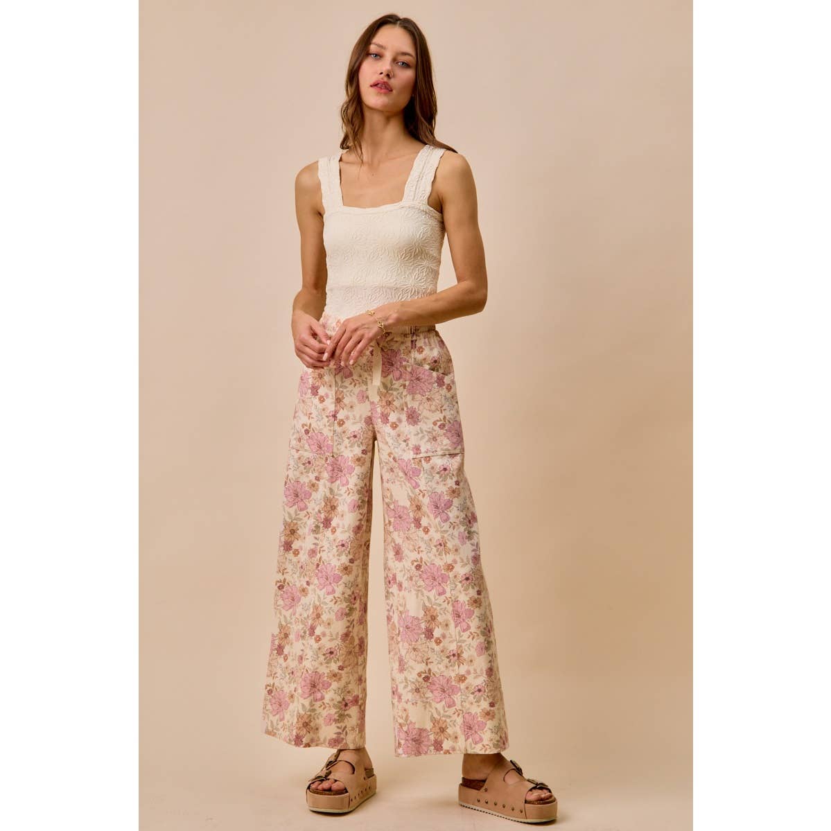 Floral Twill Wide Leg Pants