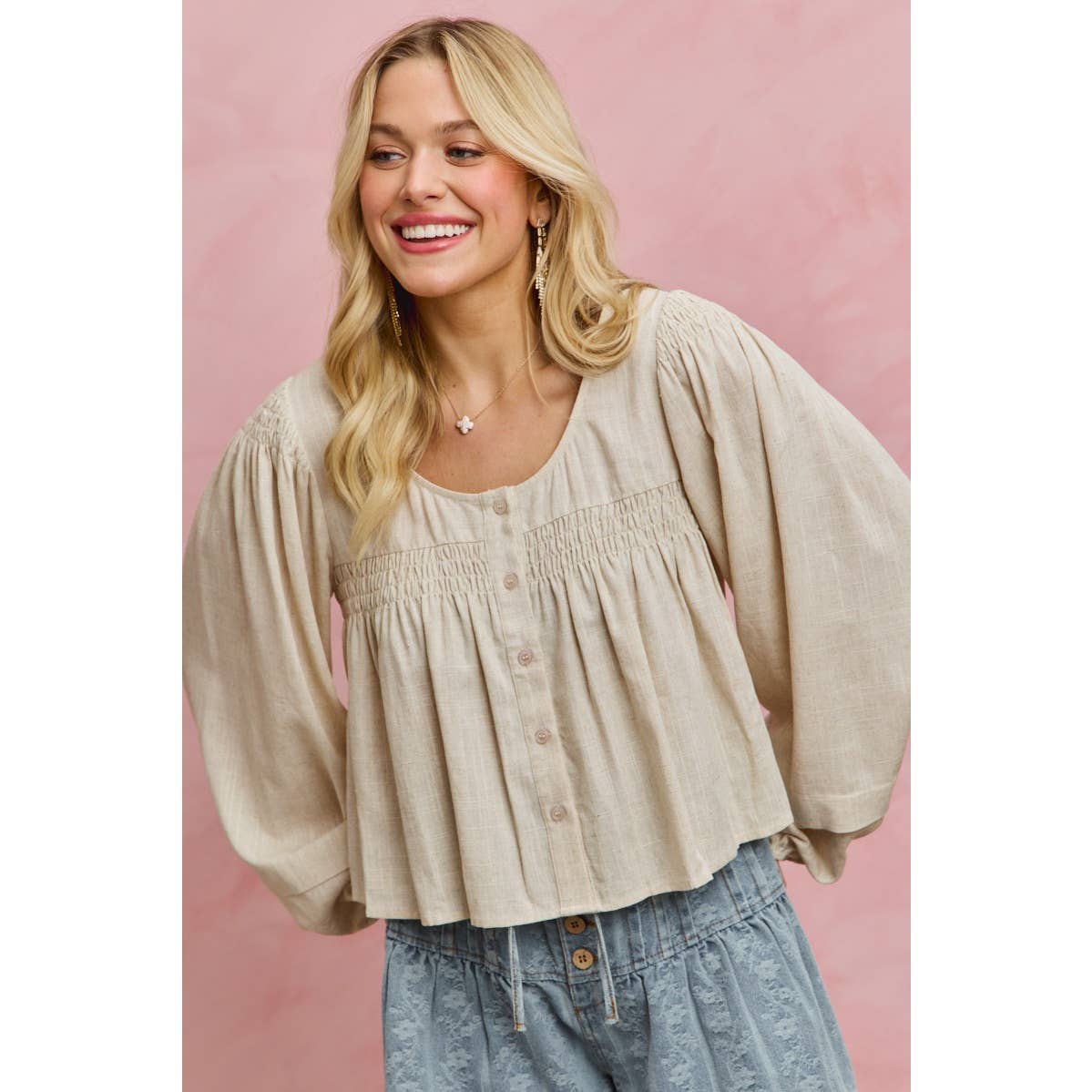Smocking Long Sleeve Top