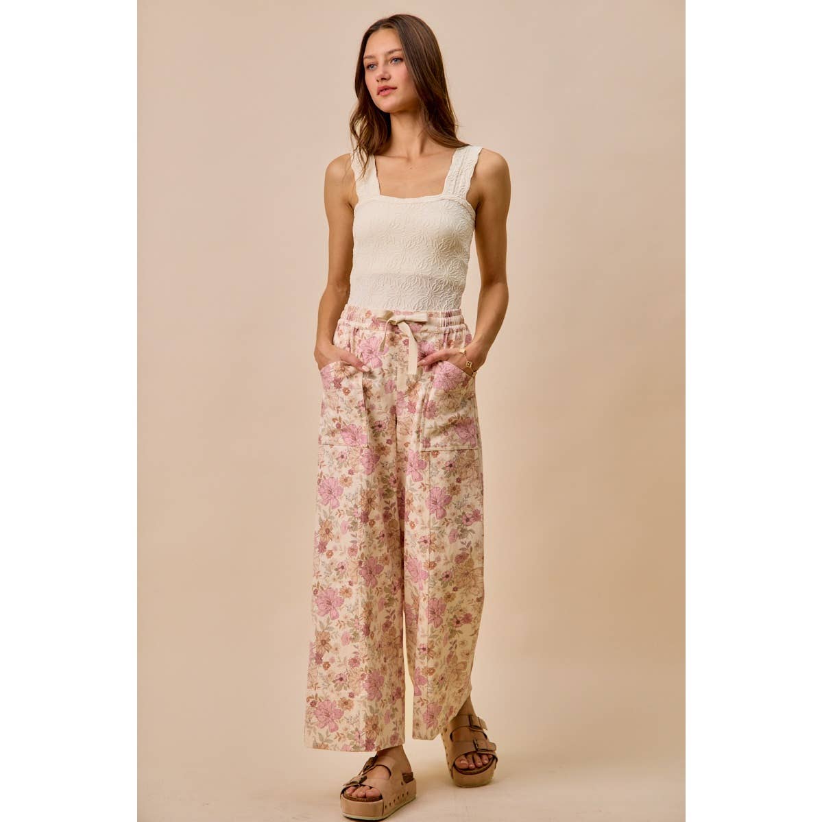 Floral Twill Wide Leg Pants