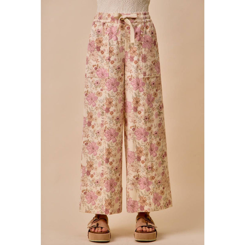 Floral Twill Wide Leg Pants