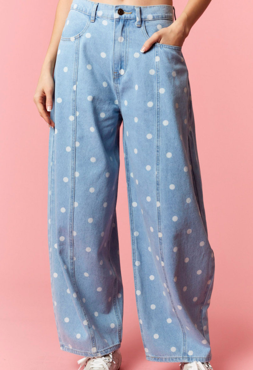 Washed Denim Polka Dot Barrel Jeans