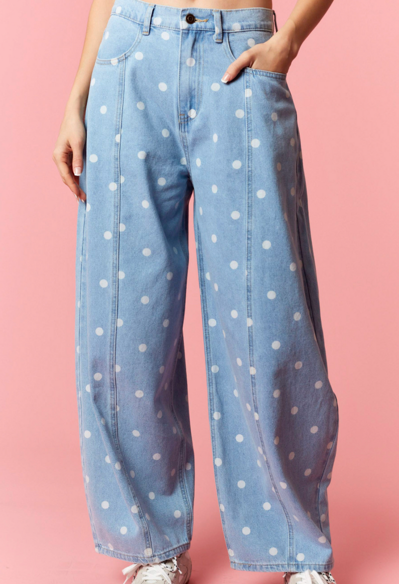 Washed Denim Polka Dot Barrel Jeans