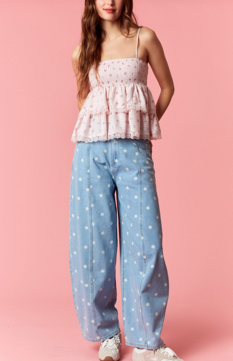 Washed Denim Polka Dot Barrel Jeans