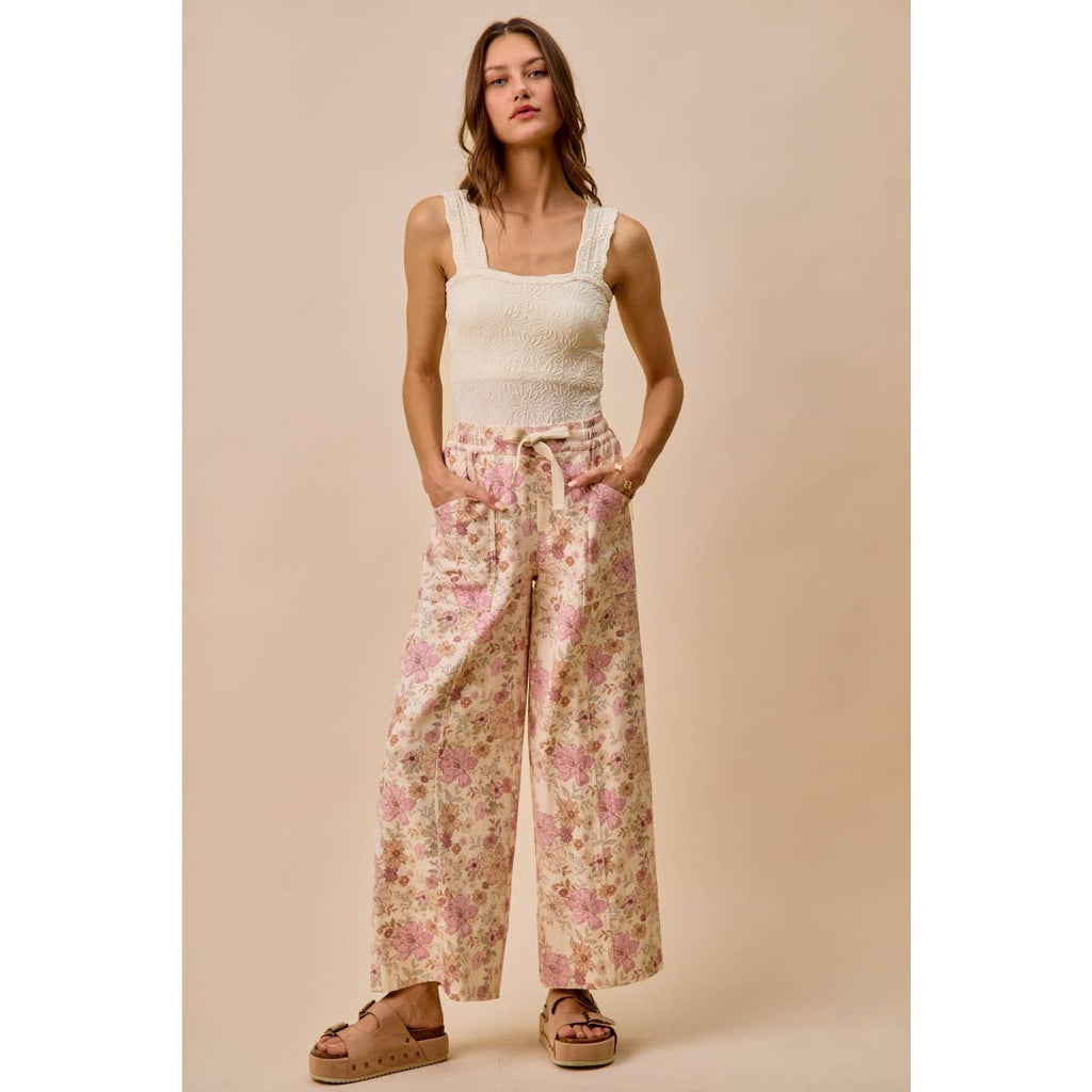 Floral Twill Wide Leg Pants