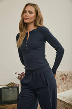 RIBBED HENLEY KNIT TOP